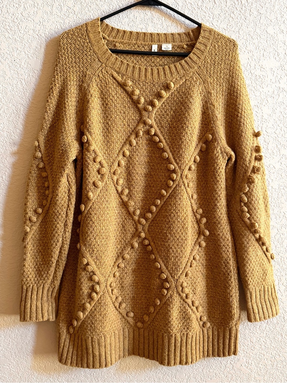 Anthropologie Moth Yellow Brown Wool Blend Crew Neck Pom Pom Sweater Medium Fall